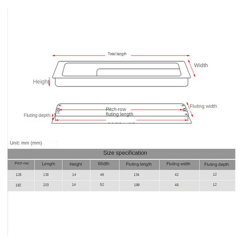 Dimensions diagram for Hidden Door Handles In Black Gold Silver Gray For Interior Doors Wardrobes And Kitchen Cabinets Modern Zinc Alloy.