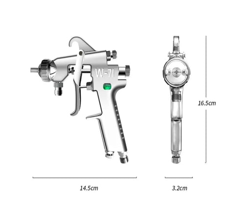 Professional Grade Pneumatic Paint Sprayer with 1.3 Atomization and Top Fill Nozzle, shown in silver with dimensions.