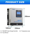 40A MPPT Solar Charge Controller with dimensions and display screen, auto detects 12V 24V 36V 48V with 150V PV input
