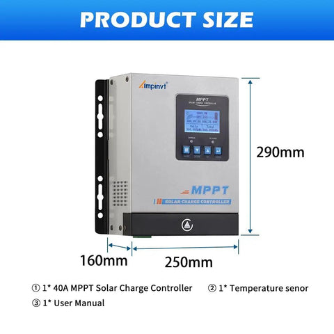 40A MPPT Solar Charge Controller with dimensions and display screen, auto detects 12V 24V 36V 48V with 150V PV input