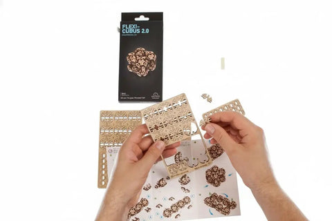 Flexi-Cubus 2.0 Octasphere Puzzle 3D Mechanical Wooden Model, steampunk skeleton cube parts in hands with instructions