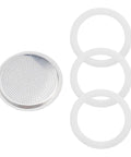 3 Silicone Gaskets and 1 Aluminum Mesh Filter for Moka Pot Replacement Set for 2 to 12 Cup Espresso Coffee Makers, front view
