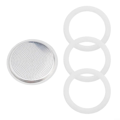 3 Silicone Gaskets and 1 Aluminum Mesh Filter for Moka Pot Replacement Set for 2 to 12 Cup Espresso Coffee Makers, front view