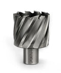 Heavy Duty HSS Annular Cutter 1-1/16 Inch Cut Dia With 3/4 Weldon Shank showing sharp cutting edge for burr free holes.
