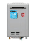 Heavy Duty Outdoor Natural Gas Tankless Water Heater 9.5 GPM 199900 BTU front view with blue label and logo.