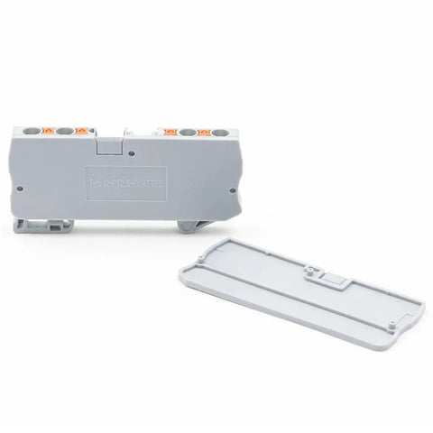 50 Pack No-Fuss Easy Install DIN Rail End Clamp Terminal Blocks With Anti-Lock Spring For 0.2-4mm Wires, Quattro Style, shown front and side.
