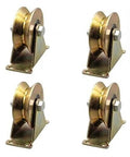 Built Like A Tank Four Pack V Groove Caster Wheels Engineered For Sliding Gate Inverted Tracks With Heavy Steel Brackets And Wide Mounting Plates, 56 mm wheels, steel base.