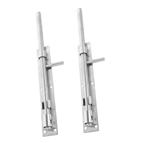 Top Tier Heavy Duty 10 Pack Stainless Steel Slide Bolt Latches For Securing French Doors Barn Sheds And Gates With No Sweat Install and Rock Solid Security Hold, showing two latches.