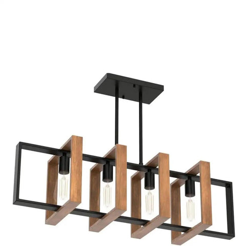 Antique Wood Chandelier For Kitchen Island With 4 Lights, 31.5 Inch Rectangular Pendant In Black Rustic Farmhouse Style, side view