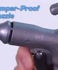Jet Guard 74S Safety Air Blow Gun With 74S Air Cone Nozzle Aluminum Body Safety Shield closeup showing pinned tamper proof nozzle.