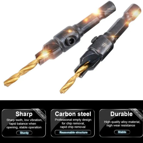 Close-up view of a Five Piece Countersink Drill Bit Set For US Wood Screws Includes Size 5, 6, 8, 10, 12, Pro Grade High Speed Steel