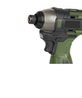 Cordless Brushless Electric Drill Delivering 140Nm of Knockout Torque With Solid Metal Ratchet Chuck In Army Green, featuring ergonomic handle.