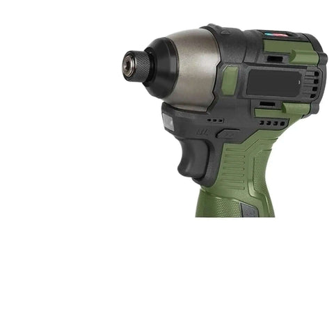 Cordless Brushless Electric Drill Delivering 140Nm of Knockout Torque With Solid Metal Ratchet Chuck In Army Green, featuring ergonomic handle.