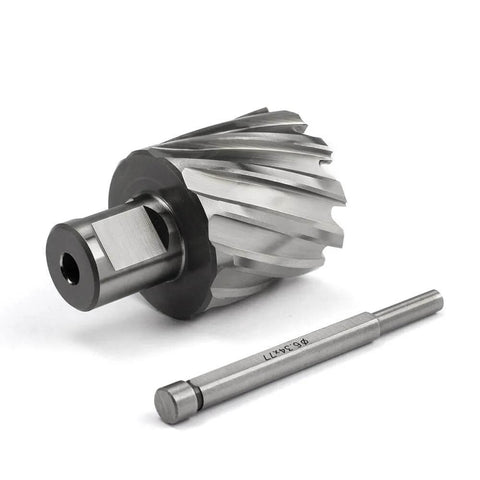 Side view of annular cutter with Weldon shank and pilot pin rod, 1-1/2 in dia, steel, 2-piece set