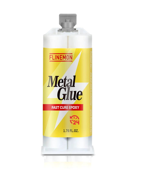 Flinemon Metal Glue front view, epoxy adhesive tube with yellow label, 1.76 fl oz