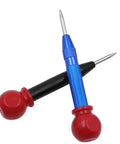 Five Piece Automatic Center Punch Kit Spring Loaded Adjustable Impact Built Tough Brass Drill Starter Pin With Cushioned Grip For Wood Metal Plastic No Fuss Garage Gear, two center punches with red grips.