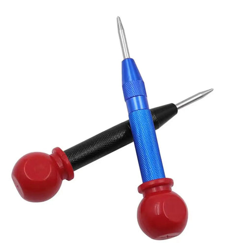 Five Piece Automatic Center Punch Kit Spring Loaded Adjustable Impact Built Tough Brass Drill Starter Pin With Cushioned Grip For Wood Metal Plastic No Fuss Garage Gear, two center punches with red grips.