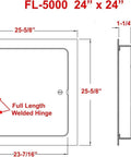 Diagram of 24x24 Beefy Universal Steel Flush Access Panel Door With Screwdriver Latch in FL5000 series, showing dimensions and hinge.