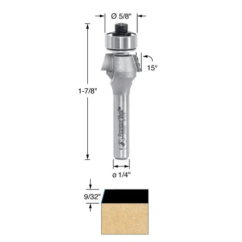 Front view of Carbide Tipped Bevel Laminate Trim Router Bit 15 Degree Five Eighths Inch Diameter One Quarter Inch Shank Smooth Cut For Real Low Vibration For Edge Beveling And Trim Work, showing dimensions and cutting profile.