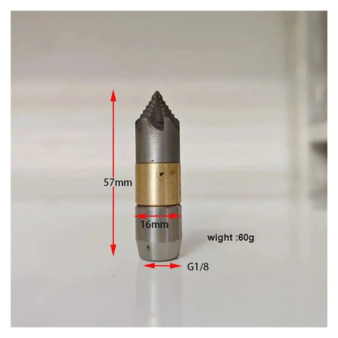 Stainless Steel Roots Cut Rotating Nozzle For Sewer Pipe Drain Cleaning, 30 LPM Flow, Multi Directional Water Outlets Sweep Inner Pipe Walls To Thoroughly Wash Away Debris And Break Up Blockages, 57mm x 16mm, G1/8