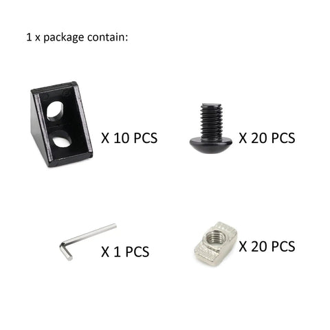 Package contents showing Ten Pack 20mm Aluminum T Slot Corner Brackets For 90 Degree Joins With M5 Bolts And Nuts and hex key