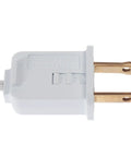 Close-up of white plug on Clip In Lamp Cord With On Off Switch For Christmas Village House 6 Foot White Plug Cord Includes Clear Incandescent Bulb Ready To Use Easy Plug And Play Lighting For Ceramic Houses