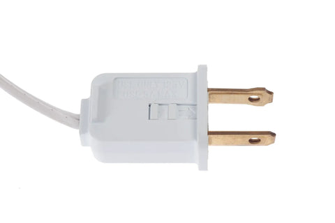 Close-up of white plug on Clip In Lamp Cord With On Off Switch For Christmas Village House 6 Foot White Plug Cord Includes Clear Incandescent Bulb Ready To Use Easy Plug And Play Lighting For Ceramic Houses