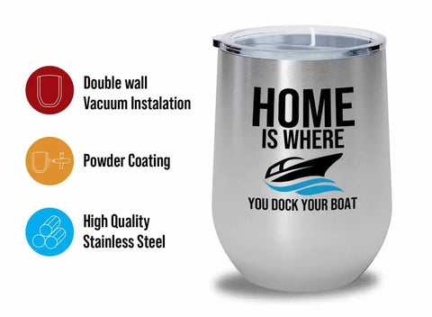Boat Crew Silver Wine Tumbler 12oz with dockside slogan, stainless steel cup for yacht sailboat accessory, keeps drinks cold or warm