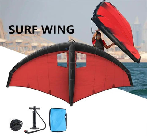 Inflatable Surf Wing For Wind Foil And Kitesurfing, Handheld Foil Wing Kite displayed with pump, bag, and accessories on water