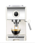 Powerful 1250W Semi Automatic Espresso Machine With 20 Bar Pressure, frothing arm, pouring espresso into a cup, white body.