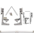 Vertical Lift Up Cabinet Hinge 250N Flap Support components with assembly dimensions for heavy duty kitchen cabinets