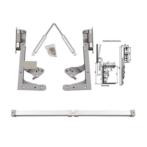 Vertical Lift Up Cabinet Hinge 250N Flap Support components with assembly dimensions for heavy duty kitchen cabinets