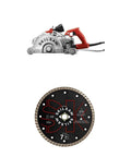 Badass Heavy Duty 7 Inch Worm Drive Concrete Saw With Turbo Diamond Blade And Knockout Dust Management System Featuring Adjustable Plunge Lock And Reliable GFCI Protection, showing saw and diamond blade.