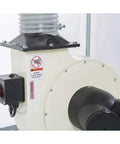 Professional Grade Heavy Duty Two HP Dust Collector Heavy Hitting Beast With Massive Twelve Inch Impeller Pumping One Thousand Five Hundred CFM Straight To Your Shop In White control panel and inlet detail.