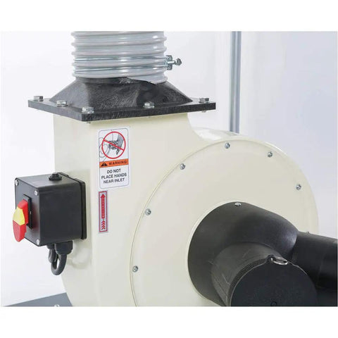 Professional Grade Heavy Duty Two HP Dust Collector Heavy Hitting Beast With Massive Twelve Inch Impeller Pumping One Thousand Five Hundred CFM Straight To Your Shop In White control panel and inlet detail.