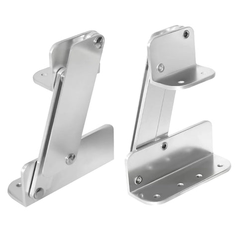 Front and side views of two aluminum foldable boat seat hinge brackets for marine use; lightweight with 200kg load capacity.