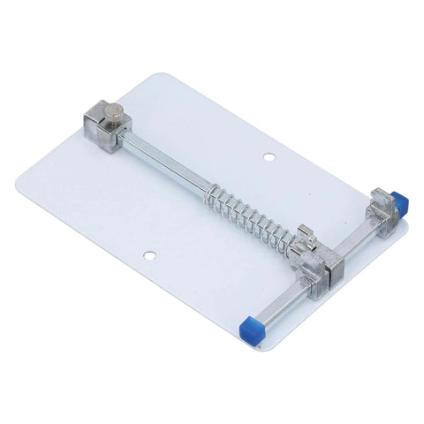 Heavy Duty Stainless Steel PCB Holder And Fixture Clamp For Small Circuit Boards on flat surface, adjustable grip visible.