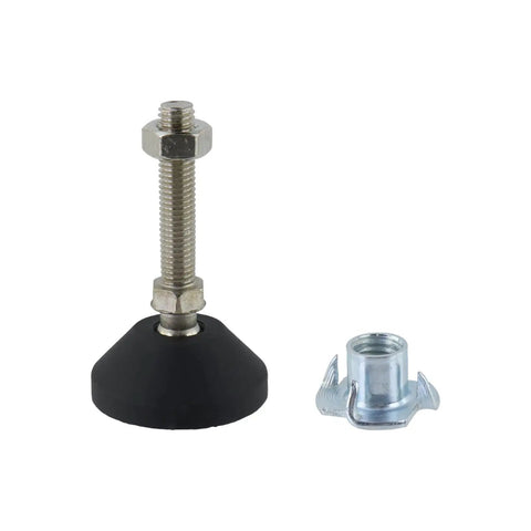 Industrial Grade Heavy Duty Badass M10 Adjustable Leveling Feet Kit with Tee Nut showing steel stud and rubber base.