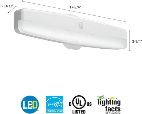 LED Flush Mount Closet Light with Motion Sensor, 18 Inch, shown with dimensions, damp rated and hardwired, Energy Star certified
