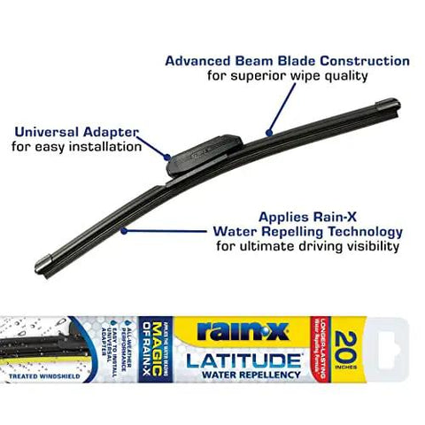 All Weather 2-In-1 Windshield Wiper with Water Repellent Tech, 20 inch blade shown with universal adapter and Rain-X packaging