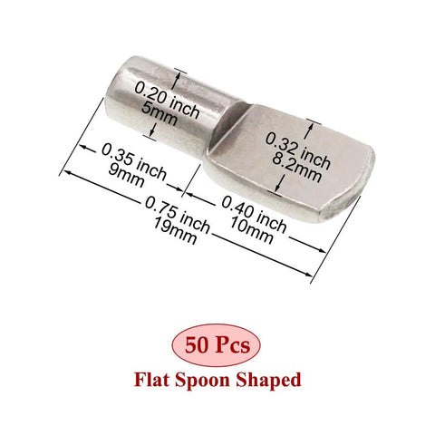 Nickel Plated Shelf Pins Set Of 50 5mm Diameter Fits 1/5 Inch Holes showing dimensions and flat spoon shape