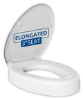 Elevated Toilet Seat 3 Inch Rise For Elongated Bowls Senior Mobility Booster Slow Close Heavy Duty Lid Grippy Base White open view.