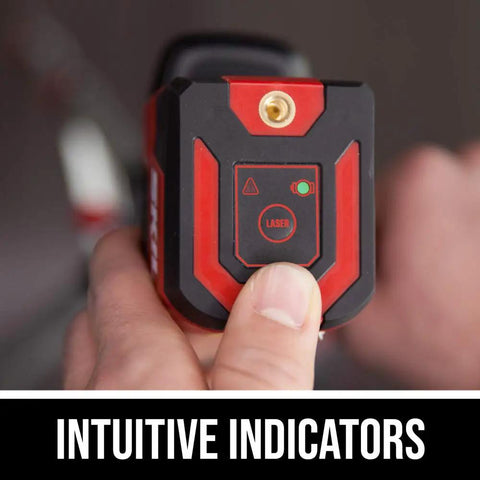 Close view of a 50 Ft Red Self Leveling Cross Line Laser Level With Horizontal And Vertical Lines, showing intuitive indicator lights.