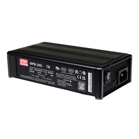 Heavy Duty Beast Battery Charger Adapter For Lead Acid And Lithium Banks Delivers Slick 360 Watt 12 Amp Output, black metal design.