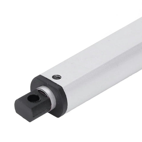 Close-up of a Compact 12V DC Linear Actuator With 200mm Stroke, 150N Lift, 4mm/s Travel, IPX4 Rating, end cap detail.