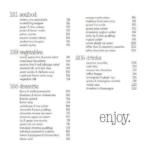 Image of Quick Fix Thermomix Recipe Book Loaded With Easy Weeknight Dinners And Killer Meal Prep Hacks index with seafood, vegetables, desserts, and drinks.