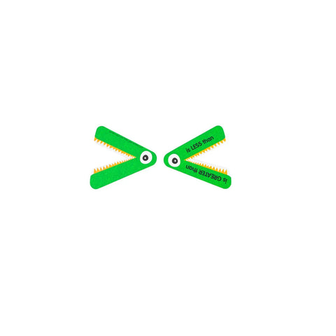 Greater Than Or Less Than Gator Mouth Math Manipulatives Set Of 12, green alligator-shaped tools for math learning.