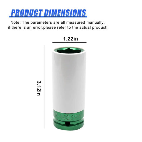 Heavy Duty Half Inch Drive 22mm Lug Nut Impact Socket With Scratch Proof Nylon Sleeve showing dimensions 1.22in width and 3.12in length.