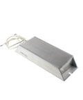 Angled side view of aluminum-cased 200W power resistor with ribbed heatsink and white lead wires