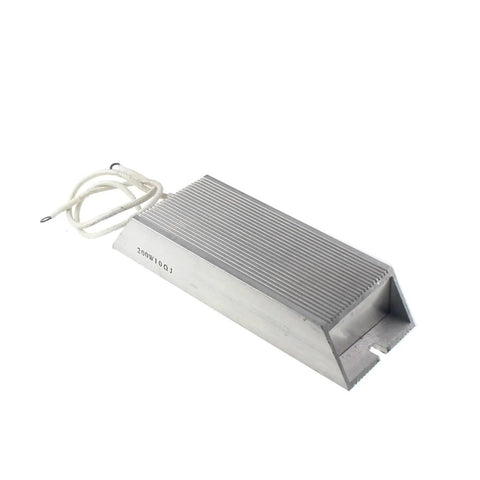 Angled side view of aluminum-cased 200W power resistor with ribbed heatsink and white lead wires